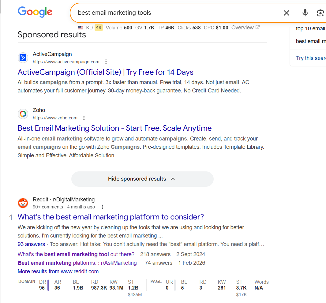 Best email marketing tools Reddit thread ranking on Google