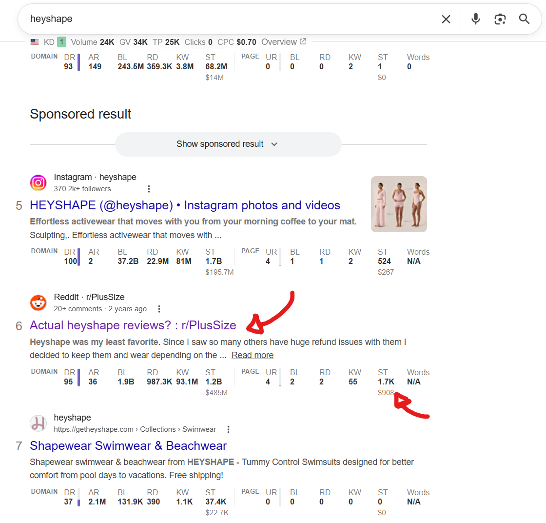 Google search results for 'heyshape' showing a Reddit thread on the first page