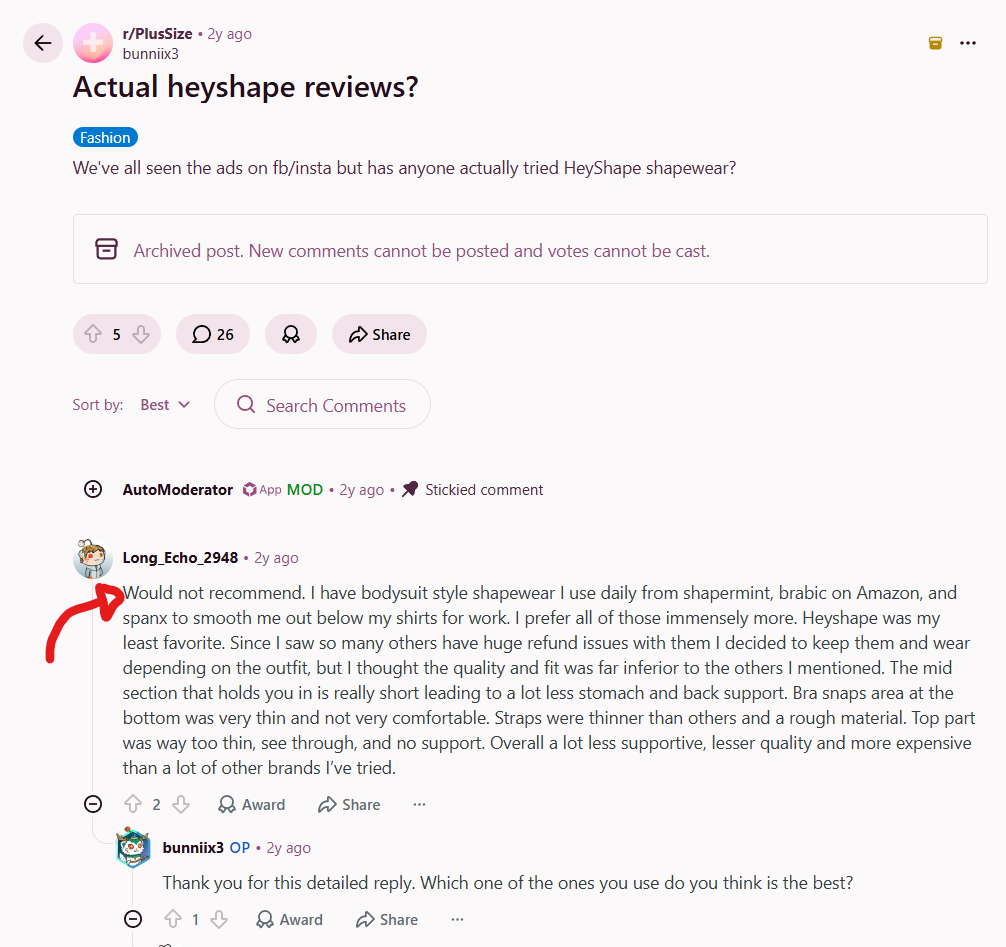 Contents of the Reddit thread about Heyshape — negative reviews and complaints